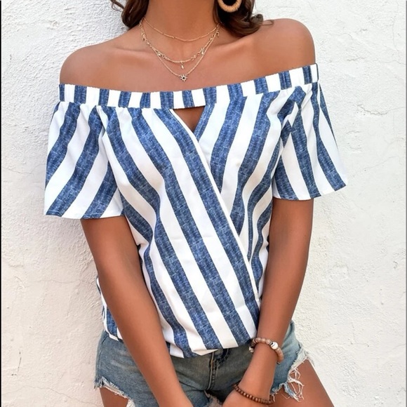 Stripe Off Shoulder Cut Out overlap Butterfly Sleeve Blouse Top Green - Picture 11 of 12